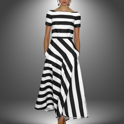 Women's Stripe Maxi Dress | Boat Neck & Diagonal Stripe A-Line Skirt