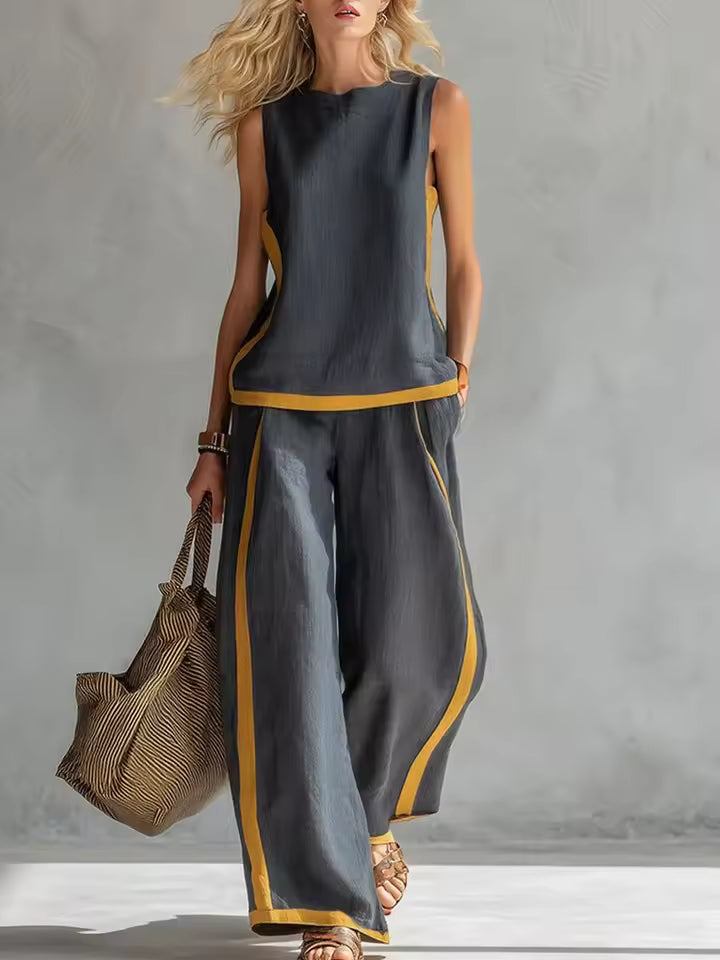 ELEGANT SLEEVELESS BLOUSE AND WIDE-LEG PANTS SET 0