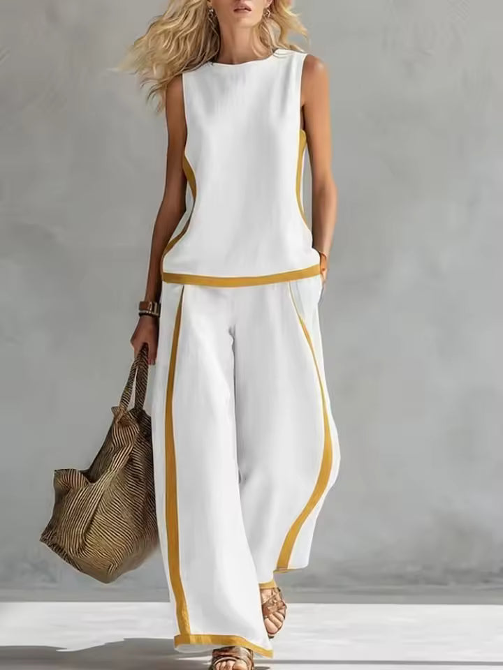 ELEGANT SLEEVELESS BLOUSE AND WIDE-LEG PANTS SET 1