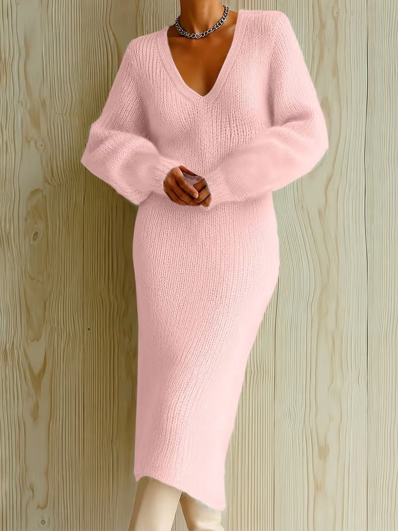 Women's Knit Midi Dress | V-Neck & Long Sleeve 1