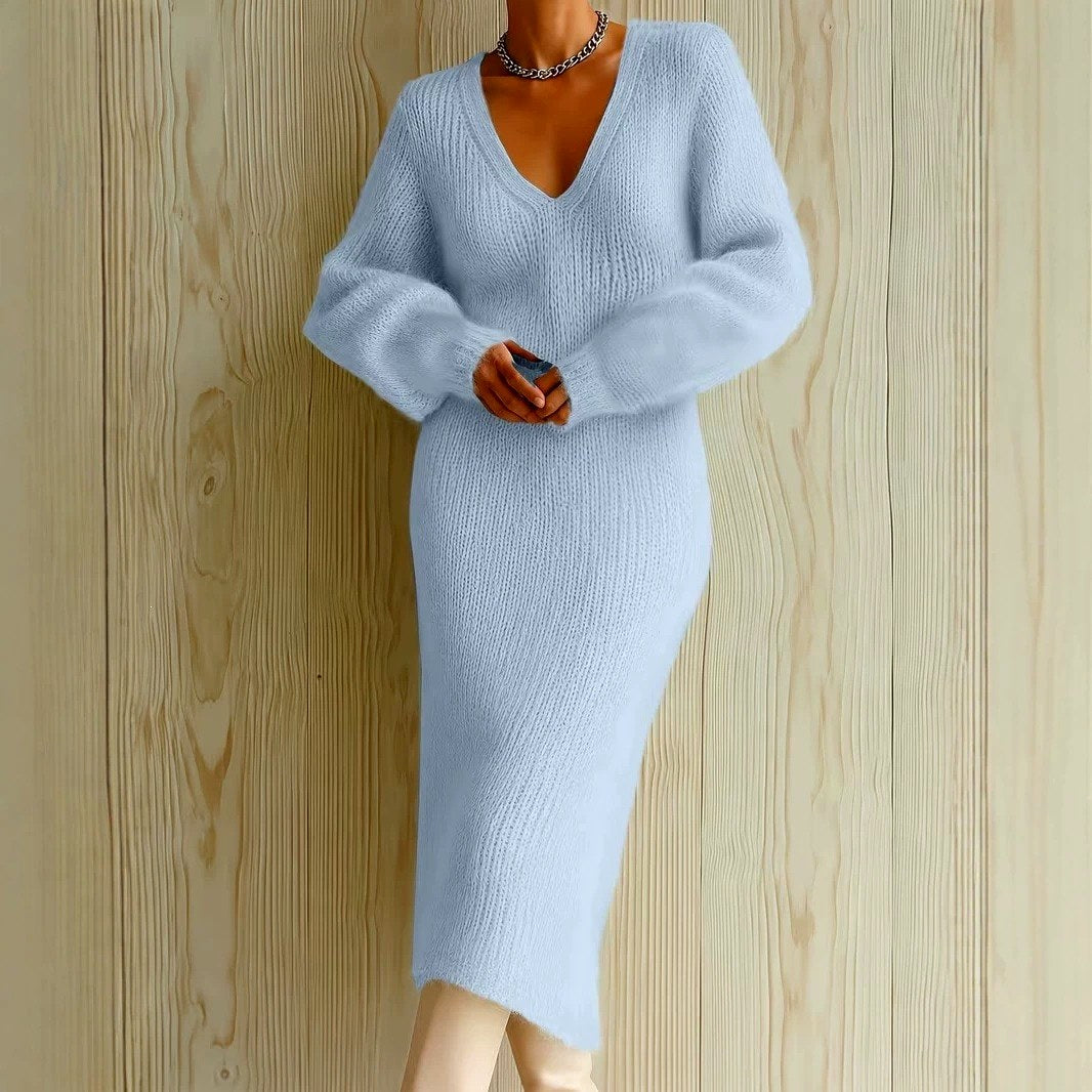 Women's Knit Midi Dress | V-Neck & Long Sleeve 2