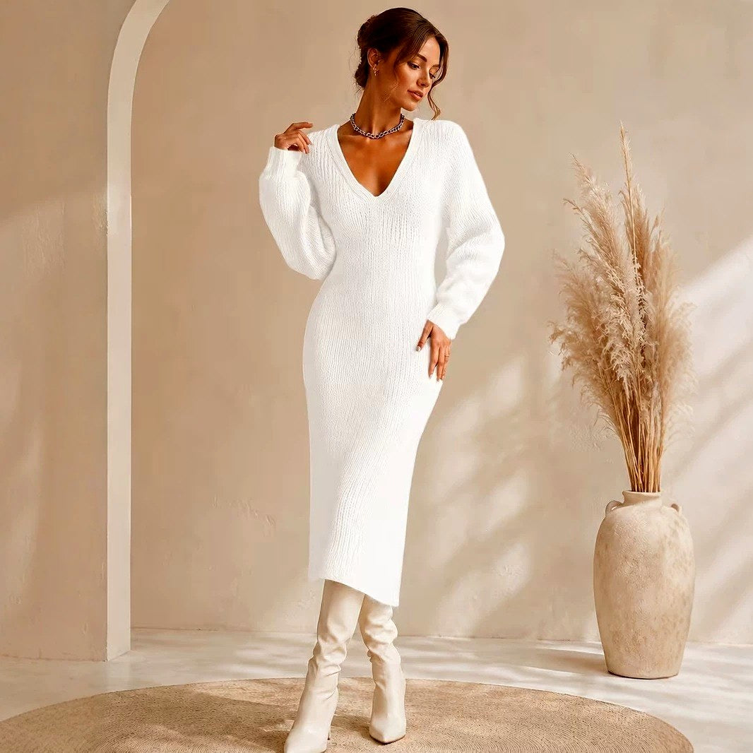 Women's Knit Midi Dress | V-Neck & Long Sleeve 4