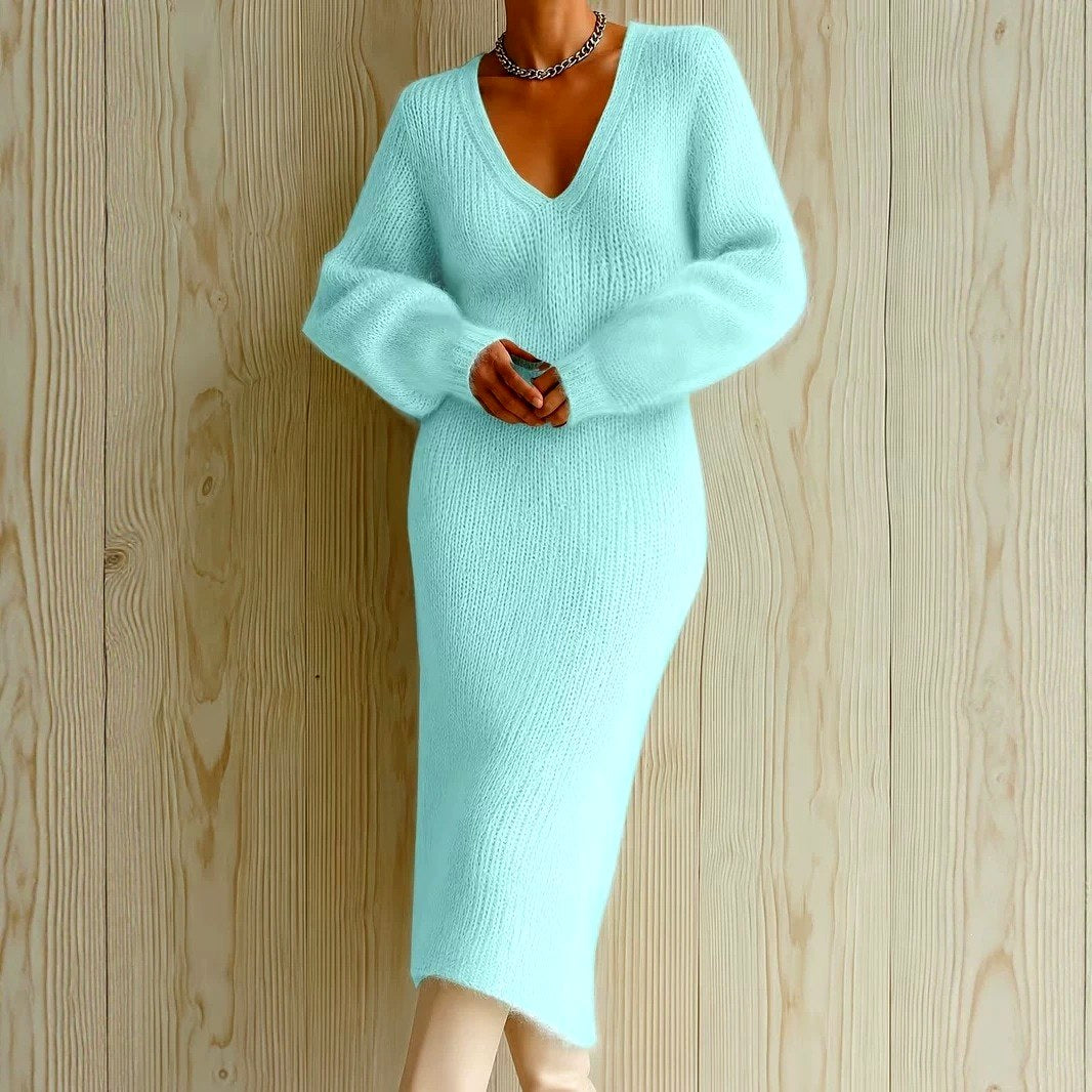 Women's Knit Midi Dress | V-Neck & Long Sleeve 5