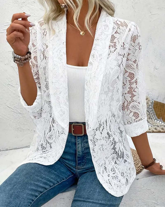Women's Blazer | Open Floral Cutwork, Rolled Shawl Lapel