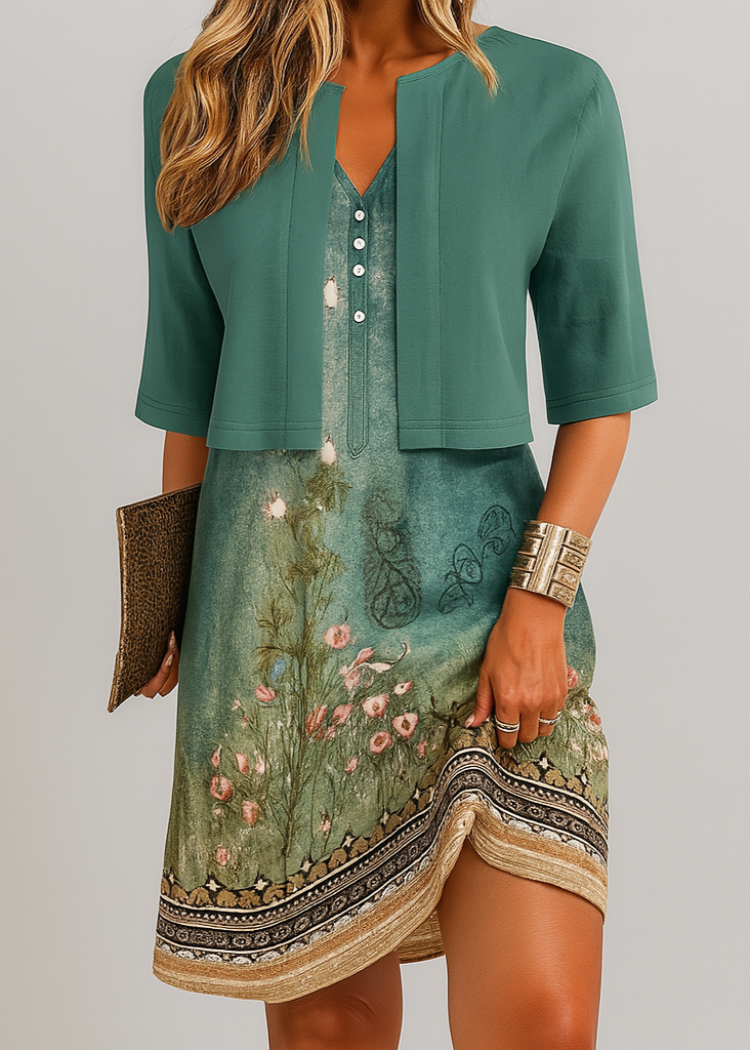 Women's Two Piece Set | Printed Dress, Cropped Jacket