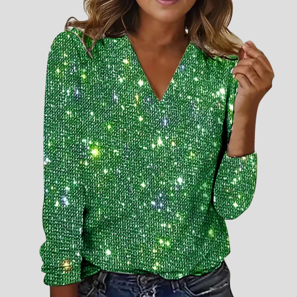 Elegant V Neck Glitter Blouse with Long Sleeves 3