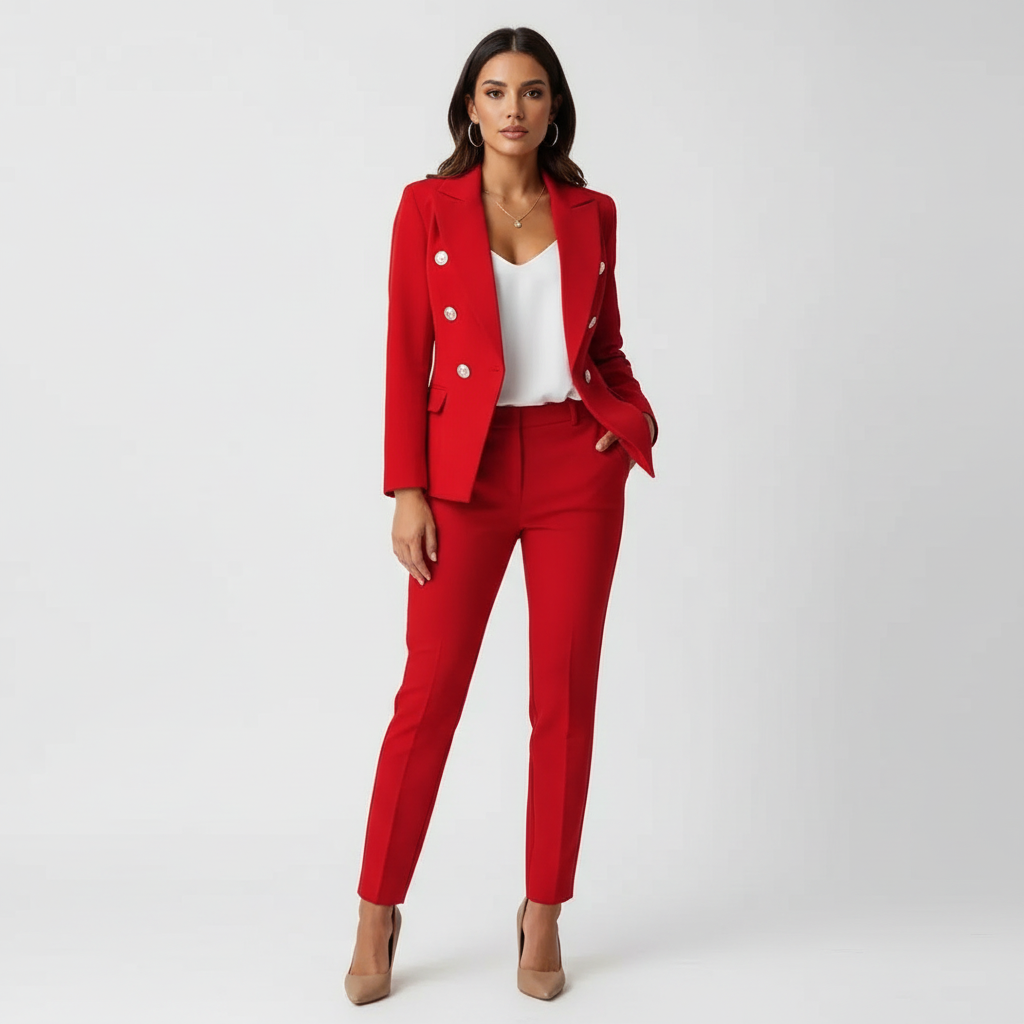 Dames 2-Delig Pak – Getailleerde Blazer met Bijpassende Broek Rood / S - AIDA LENA
