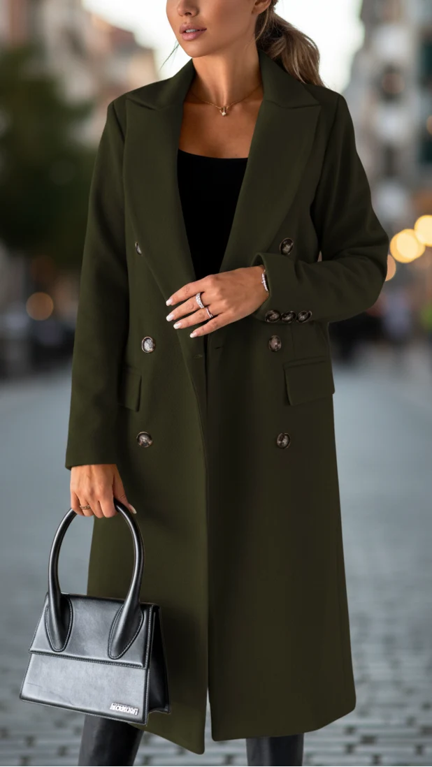 Women's Coat | Double-Breasted Front, Buttoned Cuffs
