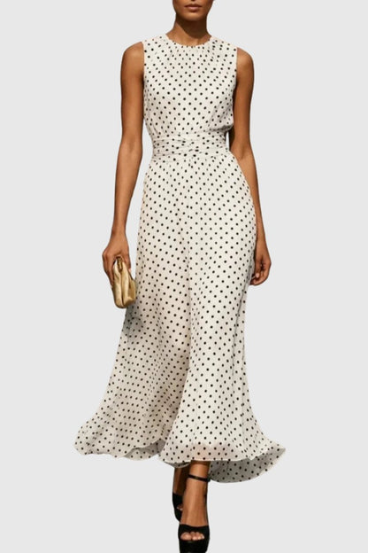 Ella | Women's Polka Dot Sleeveless Ruffle Hem Maxi Evening Gown 0