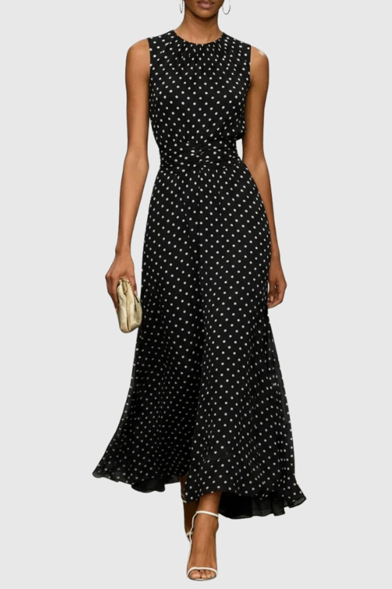 Ella | Women's Polka Dot Sleeveless Ruffle Hem Maxi Evening Gown 4
