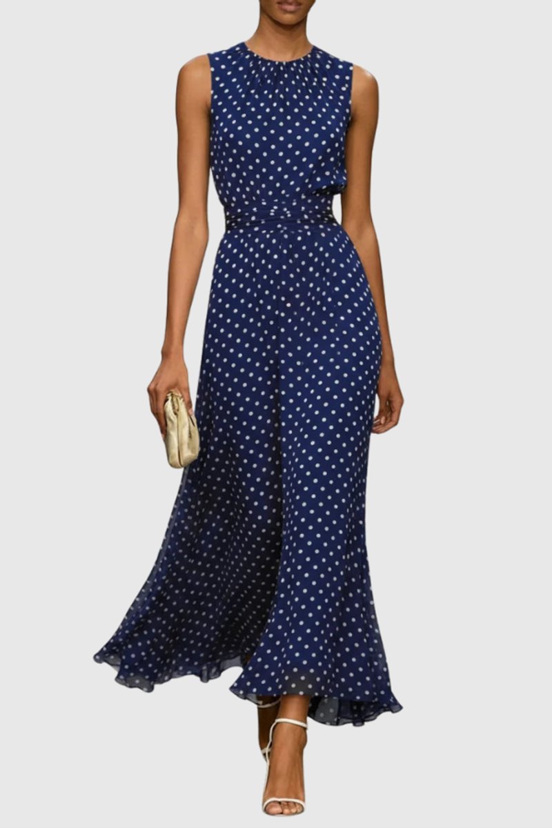 Ella | Women's Polka Dot Sleeveless Ruffle Hem Maxi Evening Gown 5