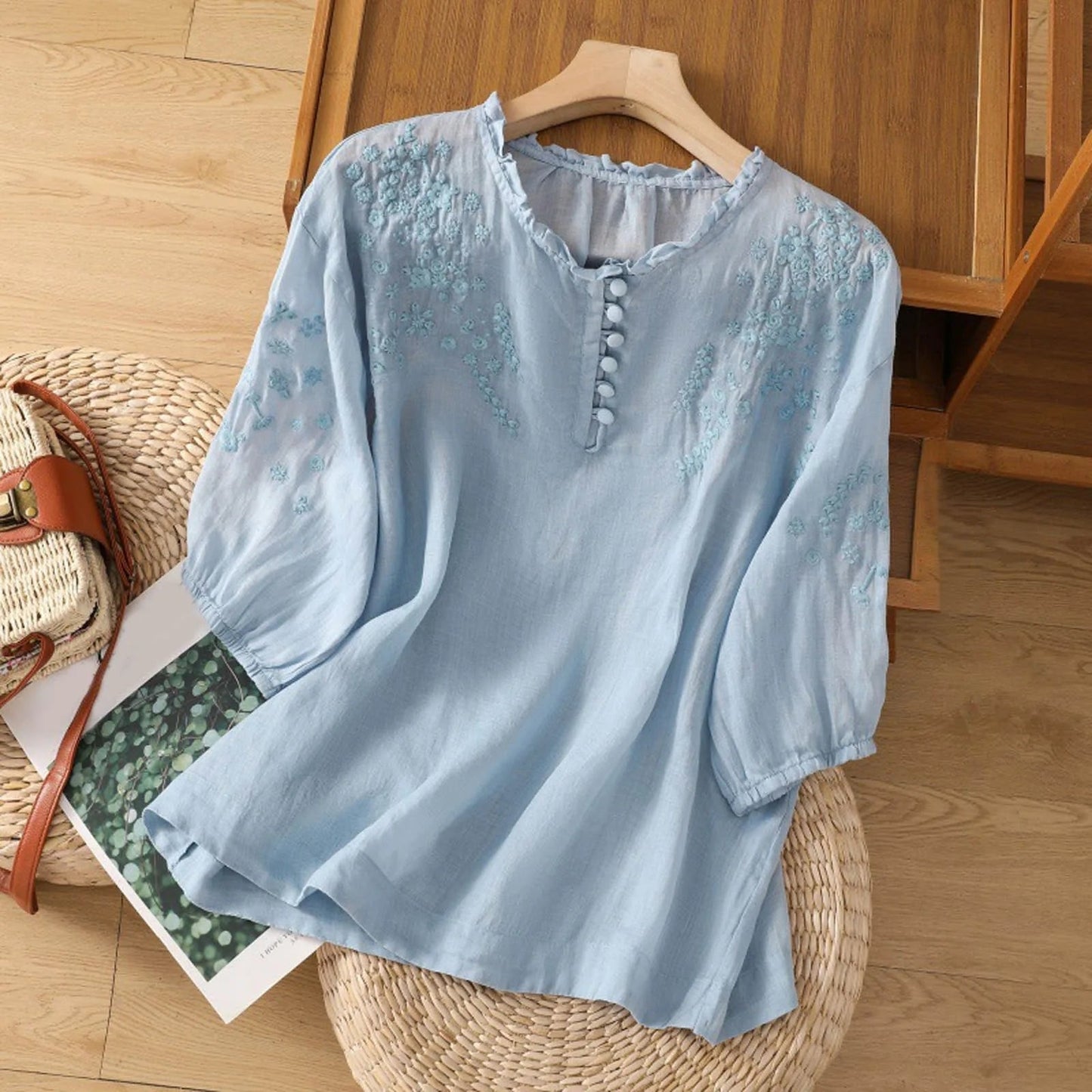 Emery | Floral Embroidered Ruffle Neck Blouse 0