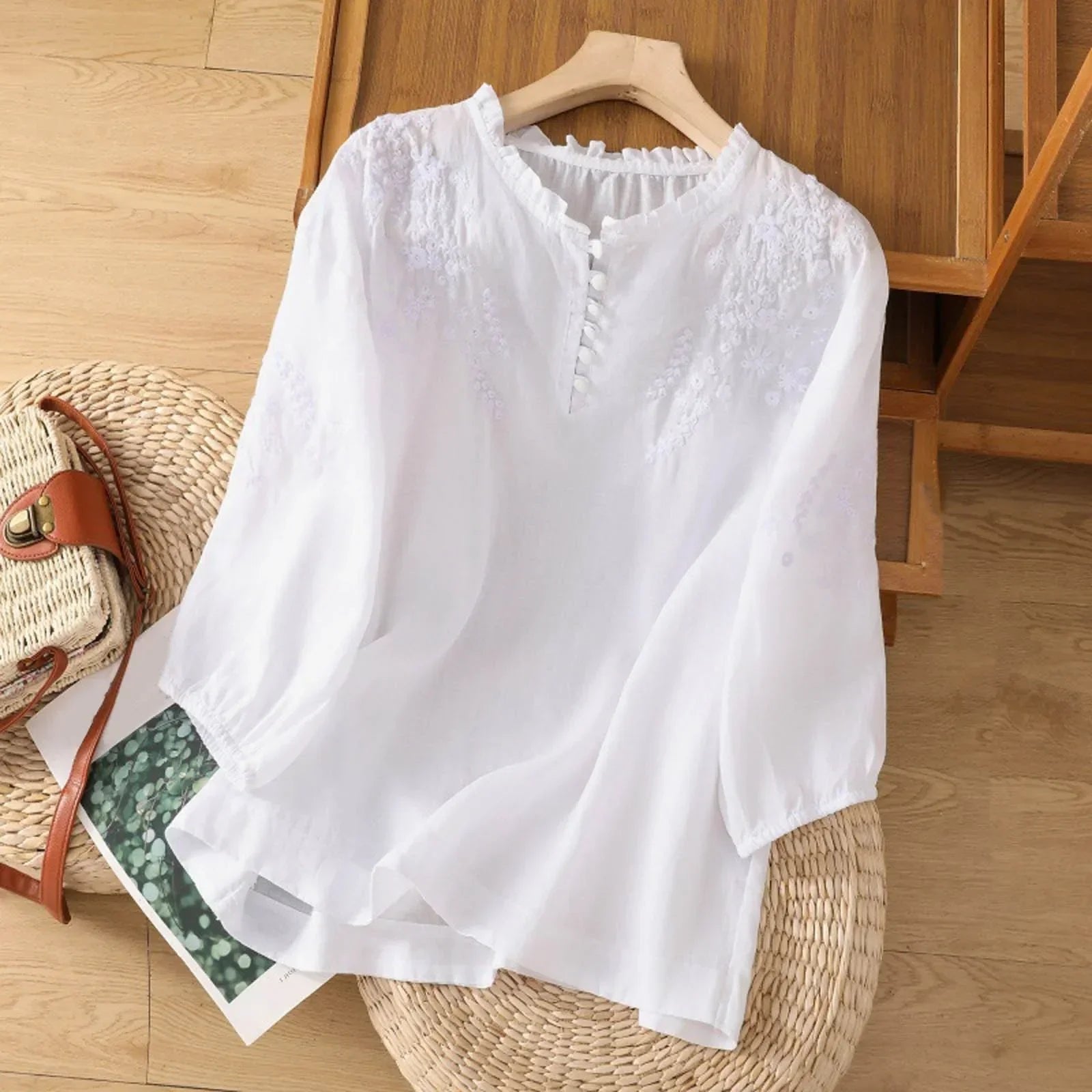 Emery | Floral Embroidered Ruffle Neck Blouse 1