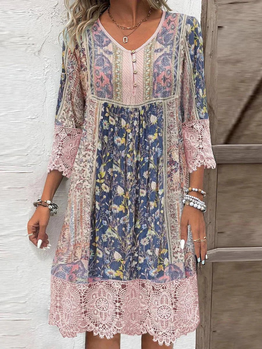 Emily | Women's Bohemian Floral Lace-Trim V-Neck Tunic Dress 0