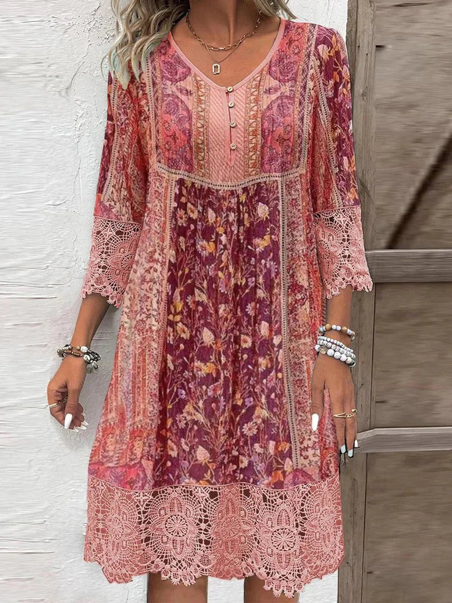 Emily | Women's Bohemian Floral Lace-Trim V-Neck Tunic Dress 2