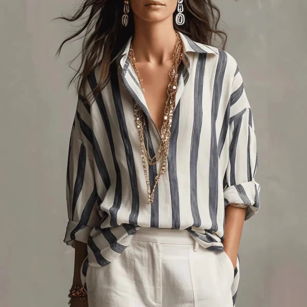 Evelyn | Women's Relaxed-Fit Vertical Stripe Collared Linen-Style Blouse 0