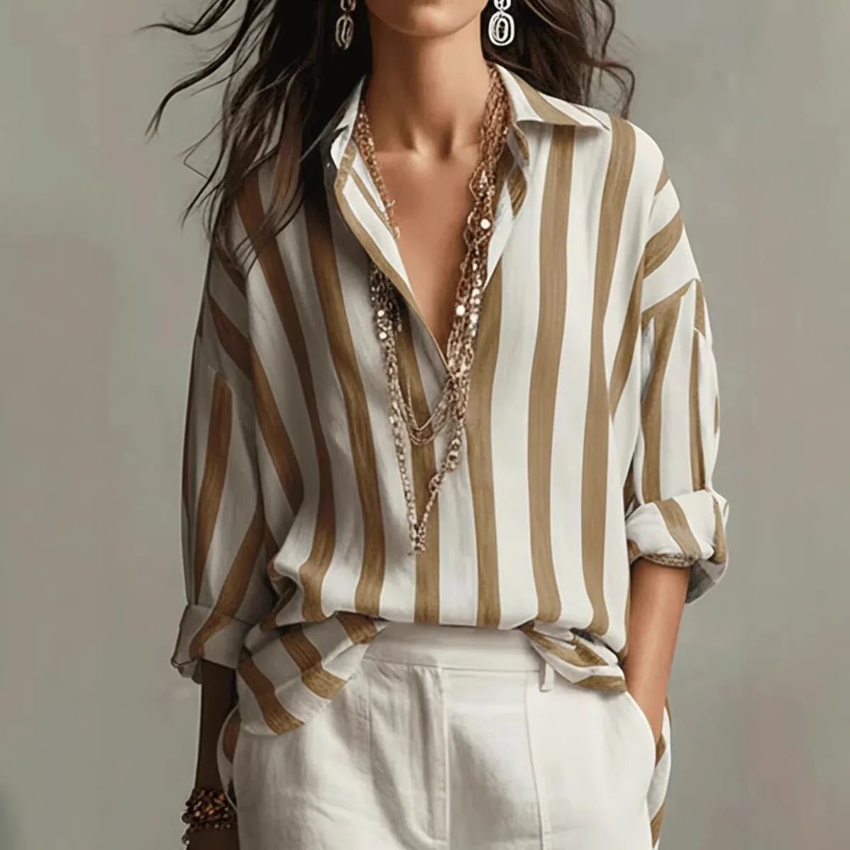 Evelyn | Women's Relaxed-Fit Vertical Stripe Collared Linen-Style Blouse 1