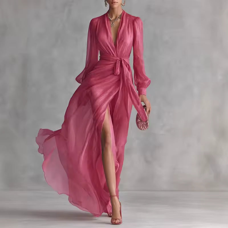 FLOWY V-NECK MAXI DRESS WITH BELT 0