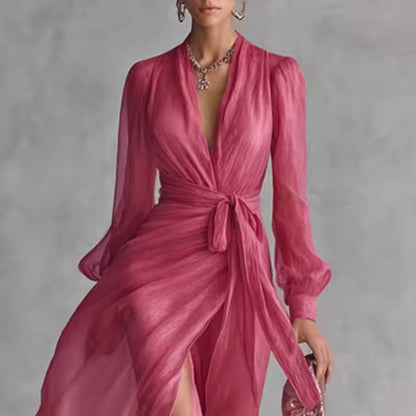 FLOWY V-NECK MAXI DRESS WITH BELT 1