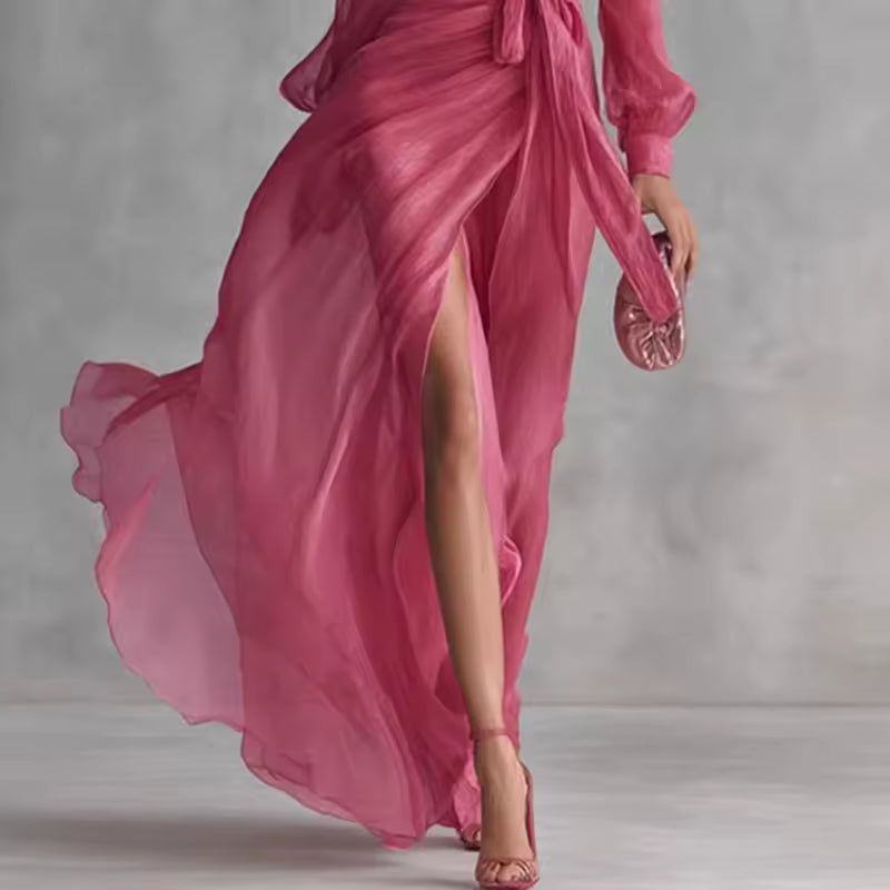 FLOWY V-NECK MAXI DRESS WITH BELT 2