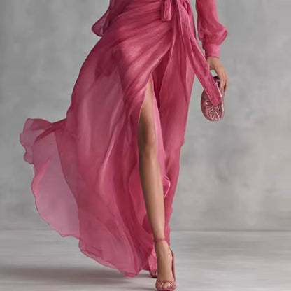 FLOWY V-NECK MAXI DRESS WITH BELT 2