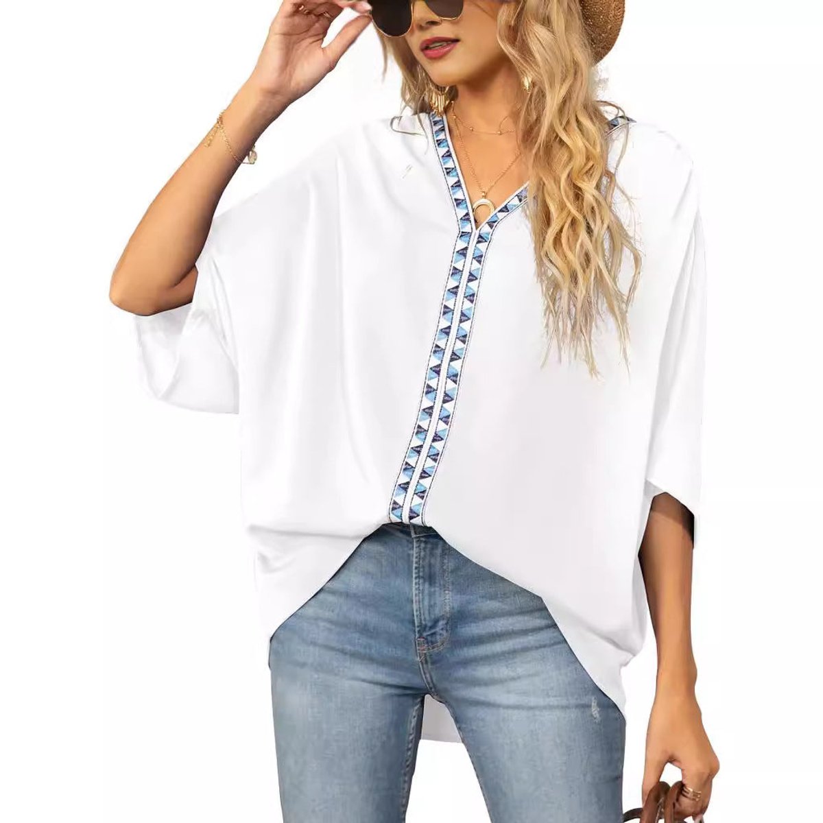 Freya | Women's Oversized V-Neck Geometric Trim Relaxed Tunic Top 1