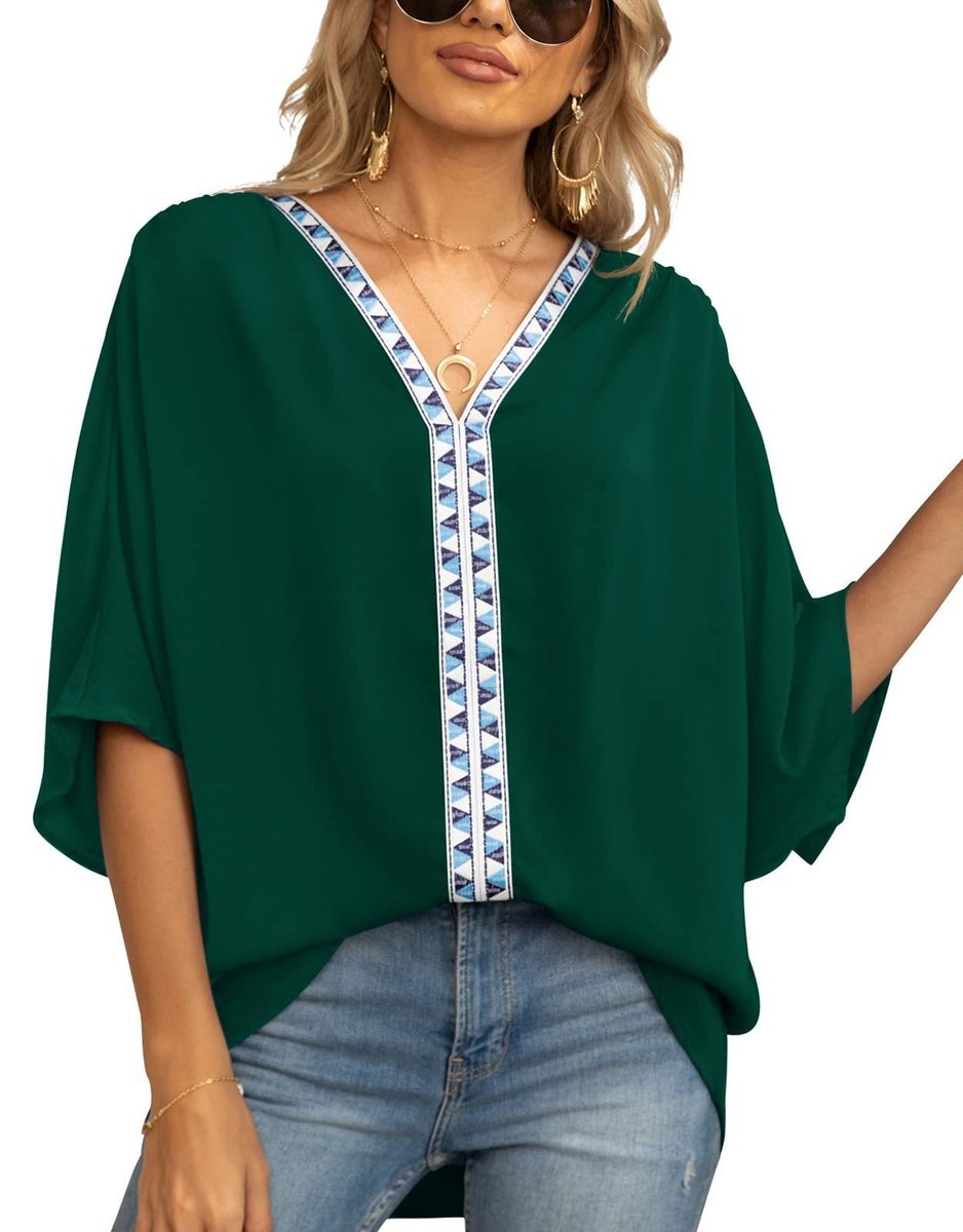 Freya | Women's Oversized V-Neck Geometric Trim Relaxed Tunic Top 10