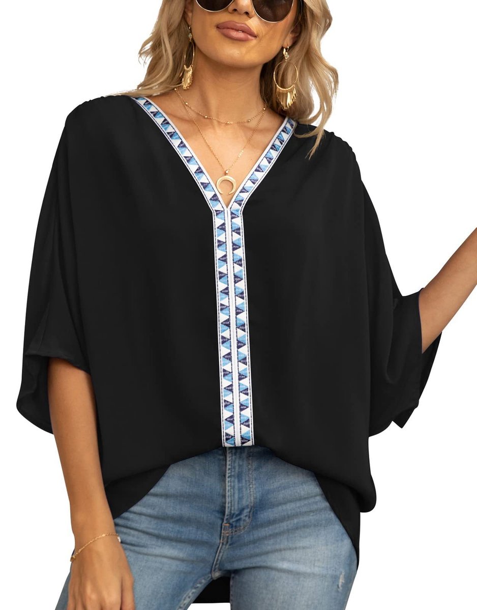 Freya | Women's Oversized V-Neck Geometric Trim Relaxed Tunic Top 3