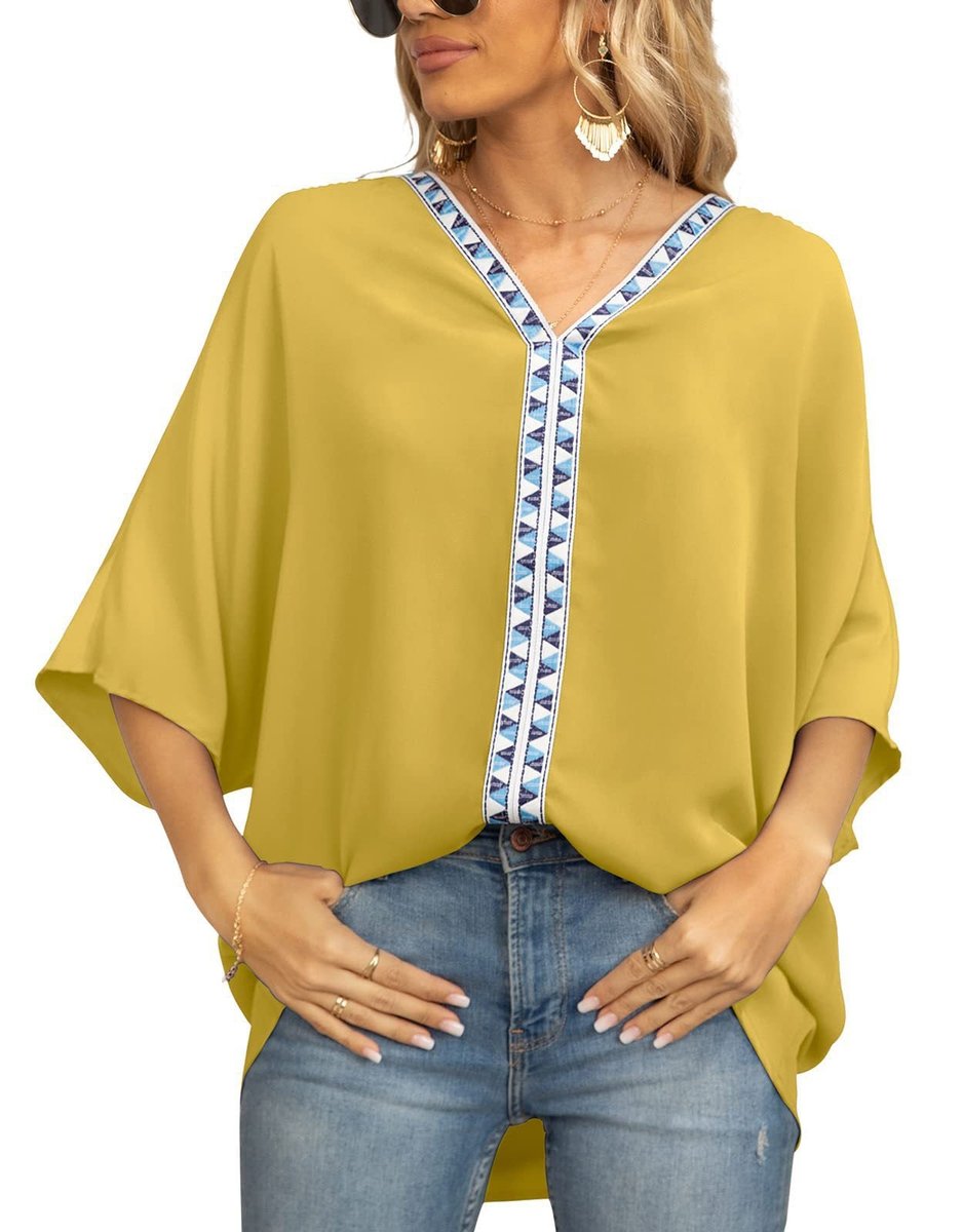 Freya | Women's Oversized V-Neck Geometric Trim Relaxed Tunic Top 4