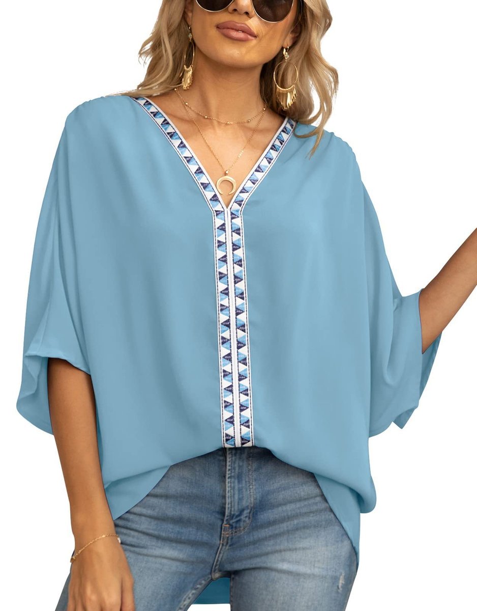 Freya | Women's Oversized V-Neck Geometric Trim Relaxed Tunic Top 6