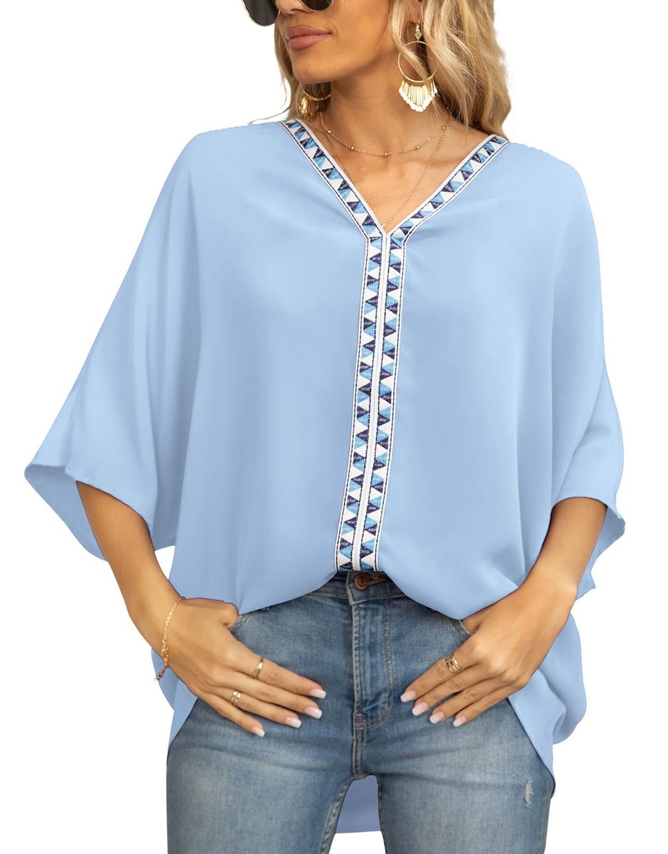 Freya | Women's Oversized V-Neck Geometric Trim Relaxed Tunic Top 8