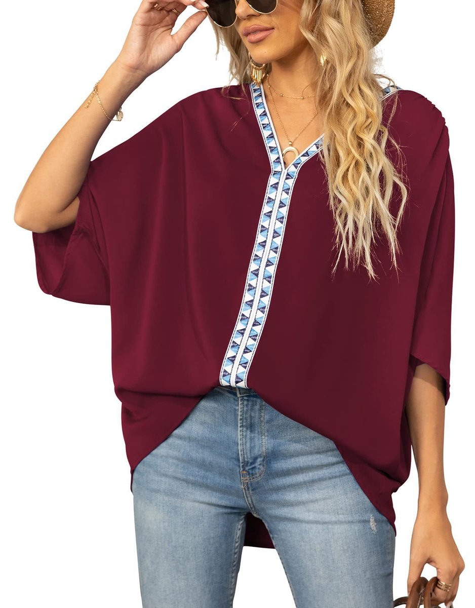 Freya | Women's Oversized V-Neck Geometric Trim Relaxed Tunic Top 9