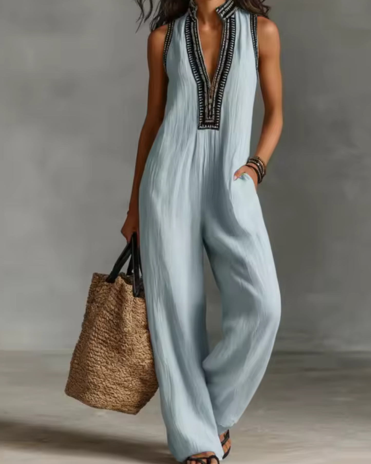 HIGH NECK EMBROIDERED ZIP JUMPSUIT 1