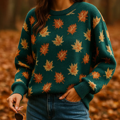Women's Sweater | All-Over Leaf Pattern, Ribbed Cuffs