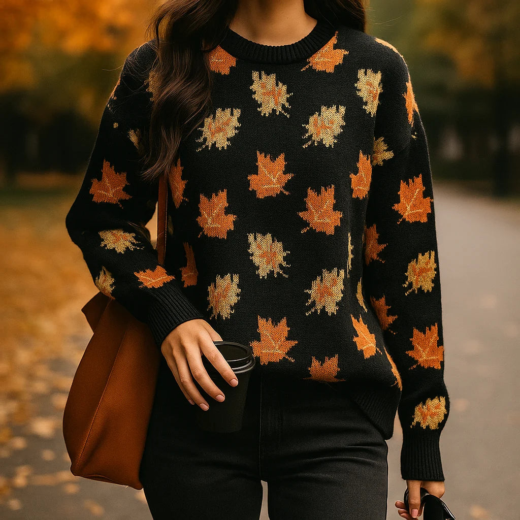 Women's Sweater | All-Over Leaf Pattern, Ribbed Cuffs