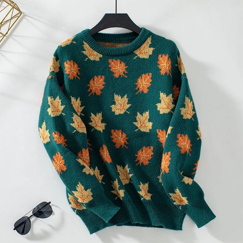 Women's Sweater | All-Over Leaf Pattern, Ribbed Cuffs