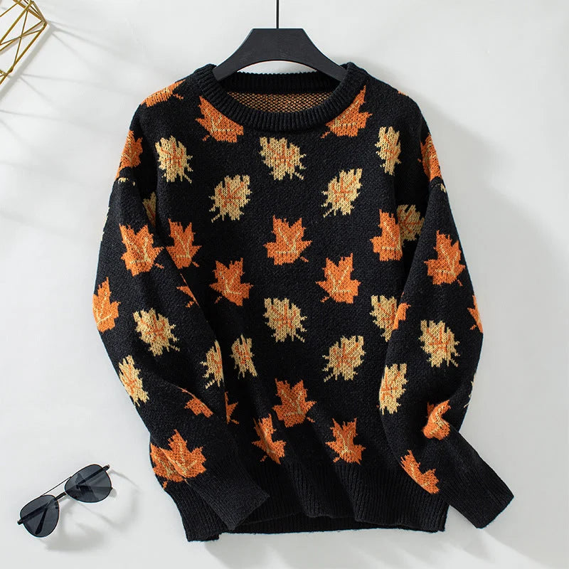 Women's Sweater | All-Over Leaf Pattern, Ribbed Cuffs