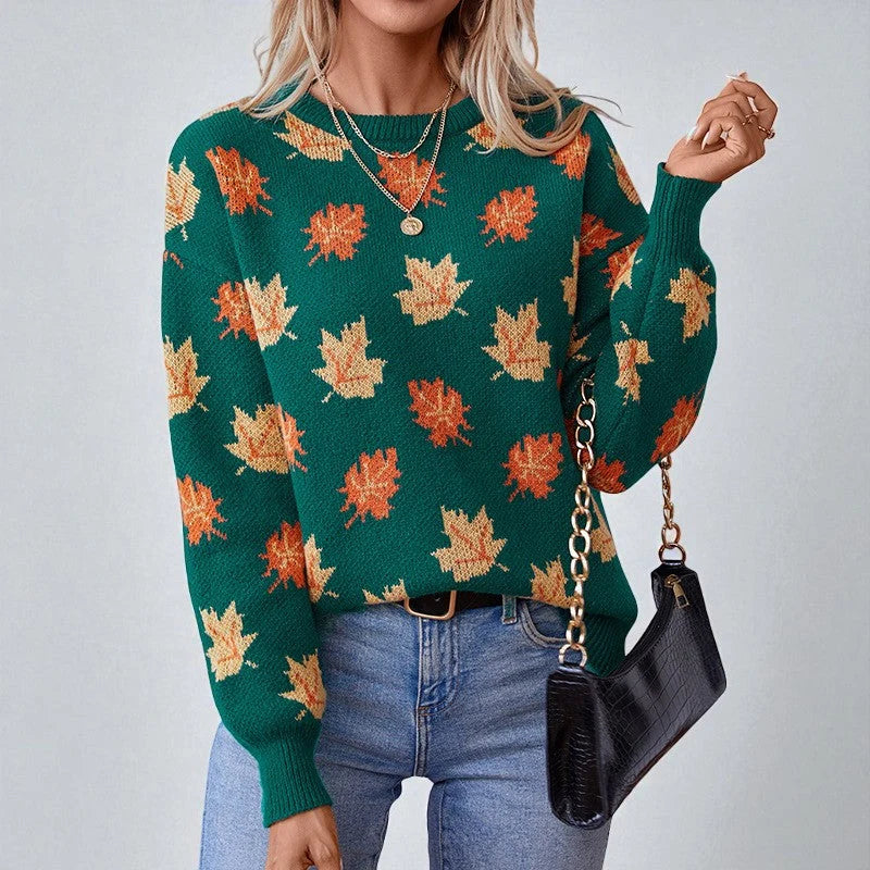 Women's Sweater | All-Over Leaf Pattern, Ribbed Cuffs
