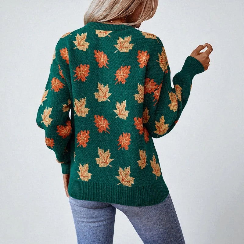 Women's Sweater | All-Over Leaf Pattern, Ribbed Cuffs