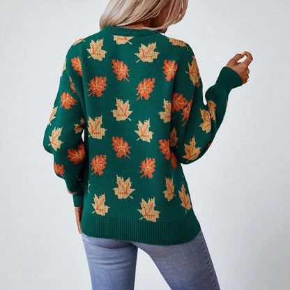 Women's Sweater | All-Over Leaf Pattern, Ribbed Cuffs