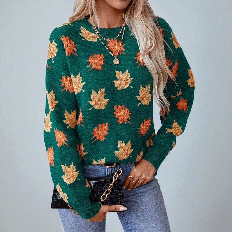 Women's Sweater | All-Over Leaf Pattern, Ribbed Cuffs