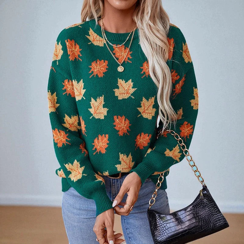 Women's Sweater | All-Over Leaf Pattern, Ribbed Cuffs