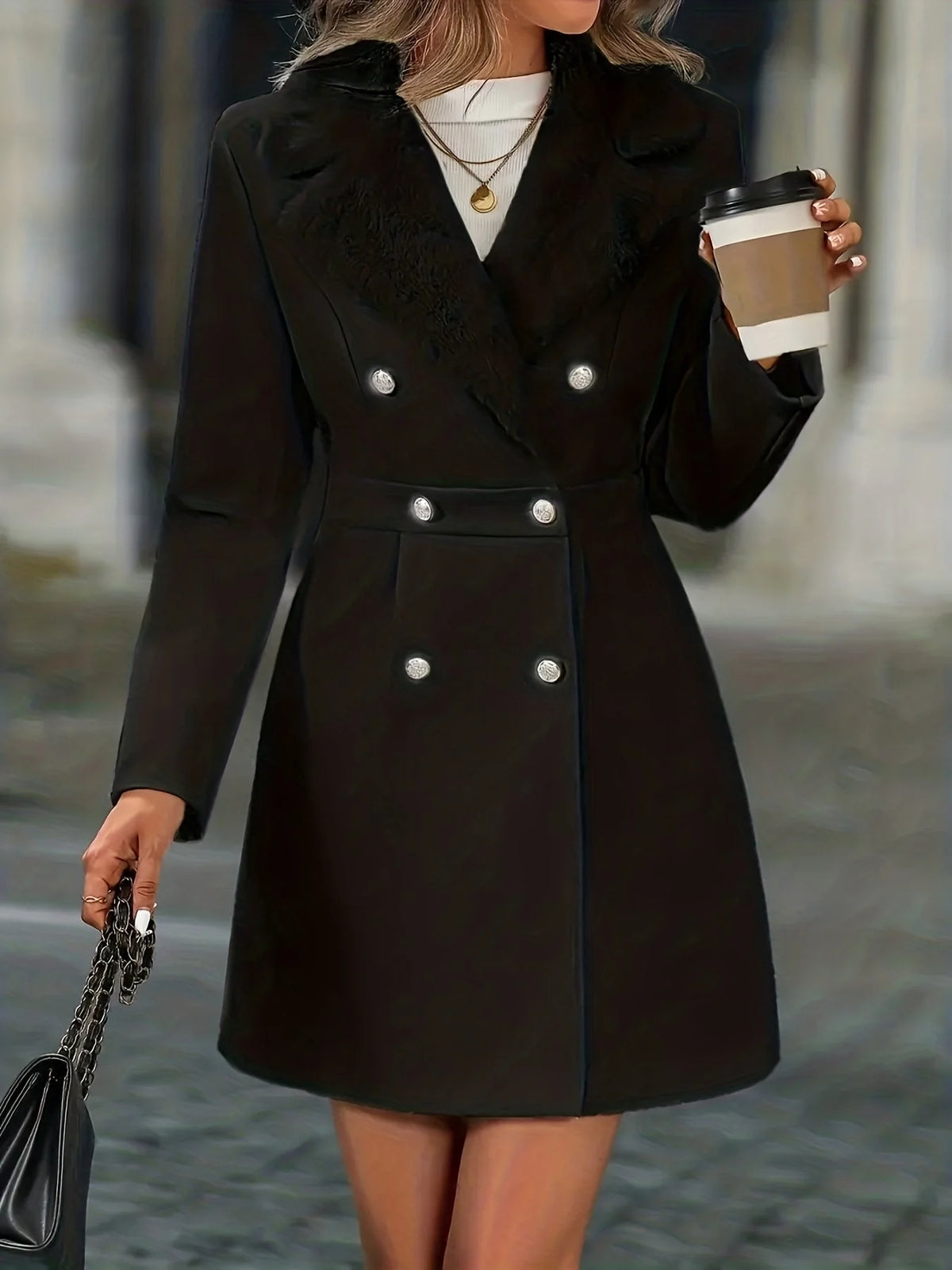 Women's Coat | Plush Collar Facing, Double-Breasted