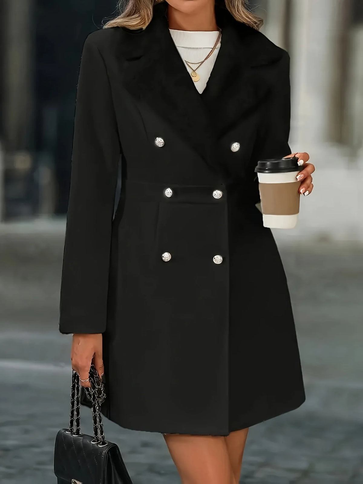 Women's Coat | Plush Collar Facing, Double-Breasted
