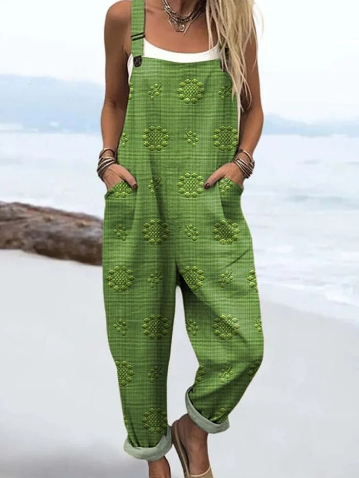 Jumpsuit | Printed Denim-Look Overalls with Wide Leg & Pockets