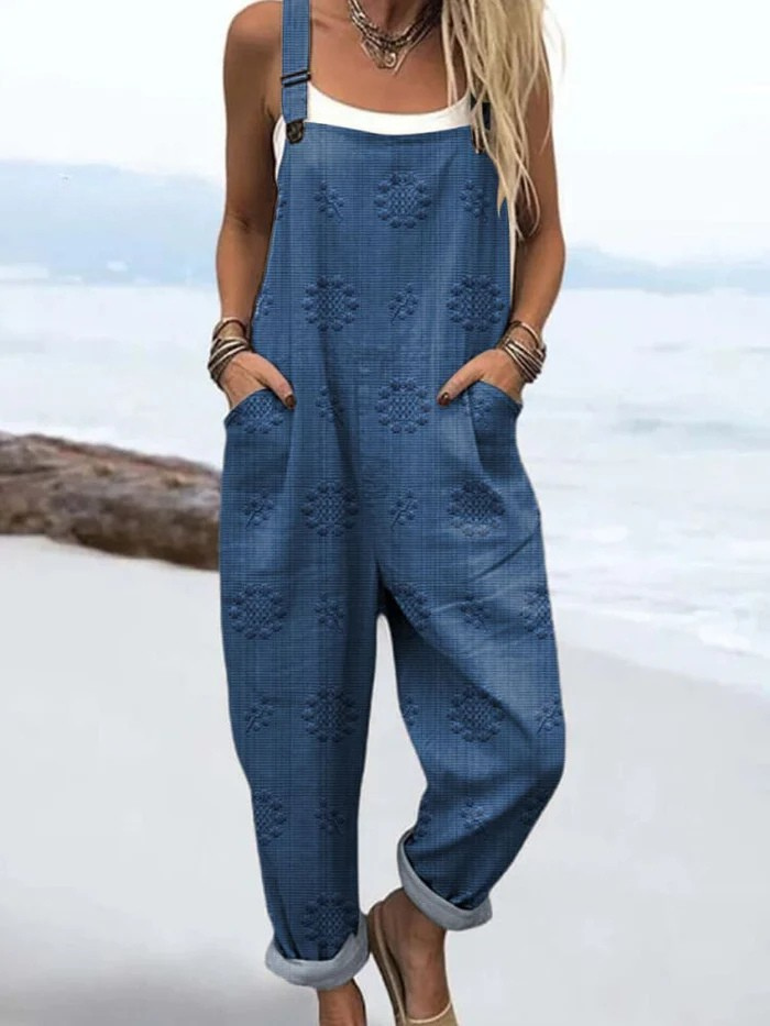 Jumpsuit | Printed Denim-Look Overalls with Wide Leg & Pockets