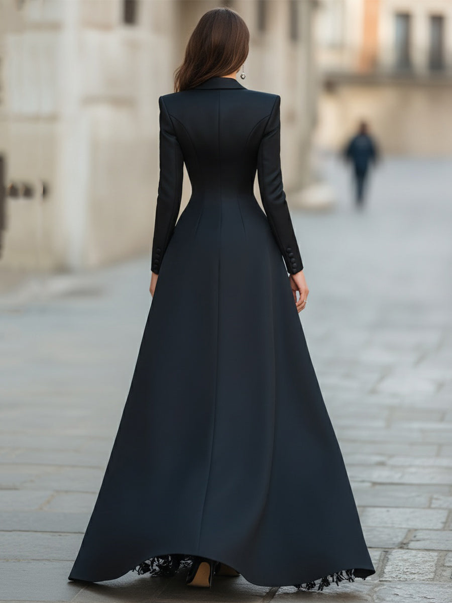 MAXI BLAZER-STYLE DRESS WITH LONG SLEEVES, LACE TRIM, AND SLIT 2