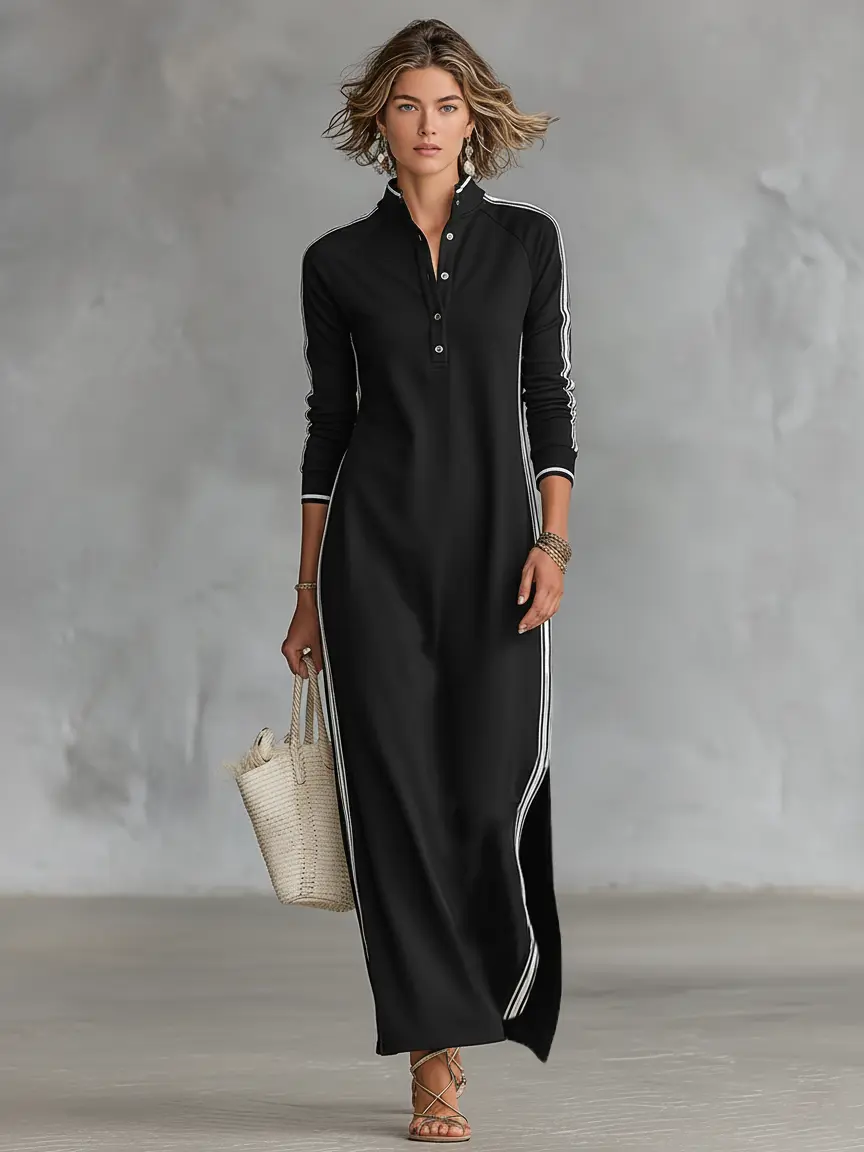 MAXI DRESS, SWEATSHIRT, BUTTON-DOWN COLLAR, WHITE TRIM 0