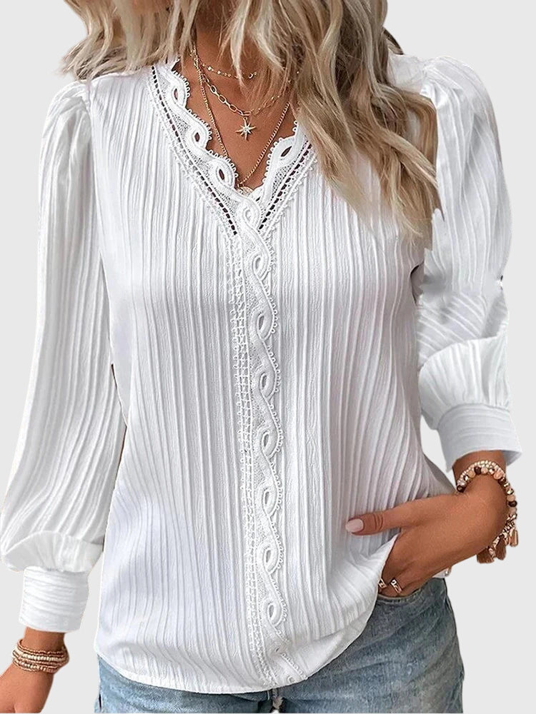 Mariselle | Elegant Pleated Lace Trim Blouse 0