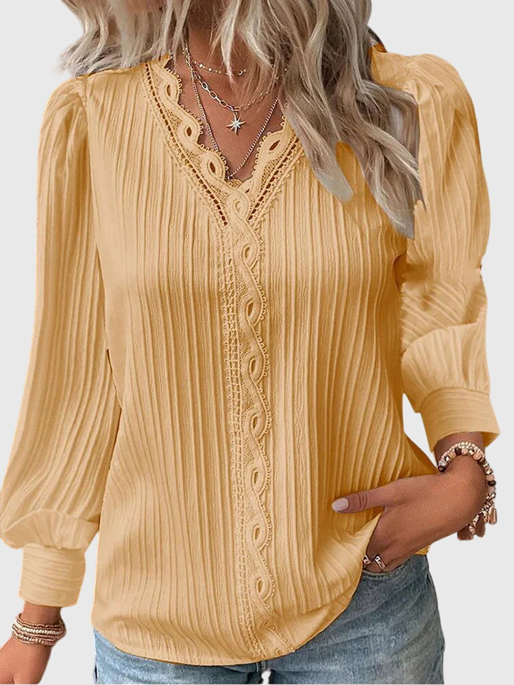 Mariselle | Elegant Pleated Lace Trim Blouse 1